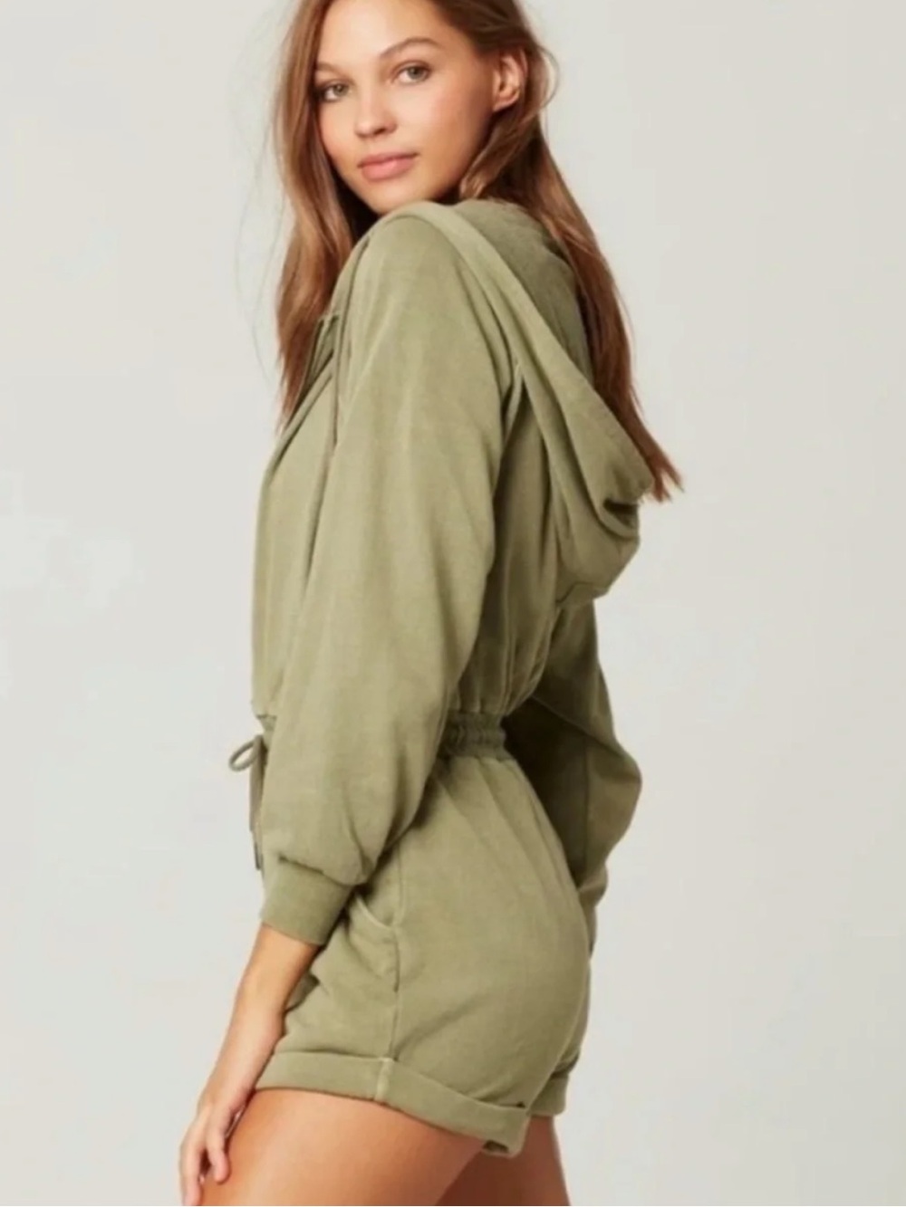 Natural Life Charlie V-Neck Hooded Cotton Green Pocket Romper Sz M